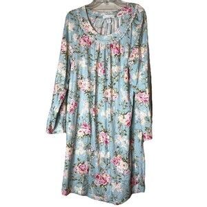 Carole Hockman Sleep Shirt/Gown M Blue/Pink Floral Cotton Long Sleeve Lace Soft